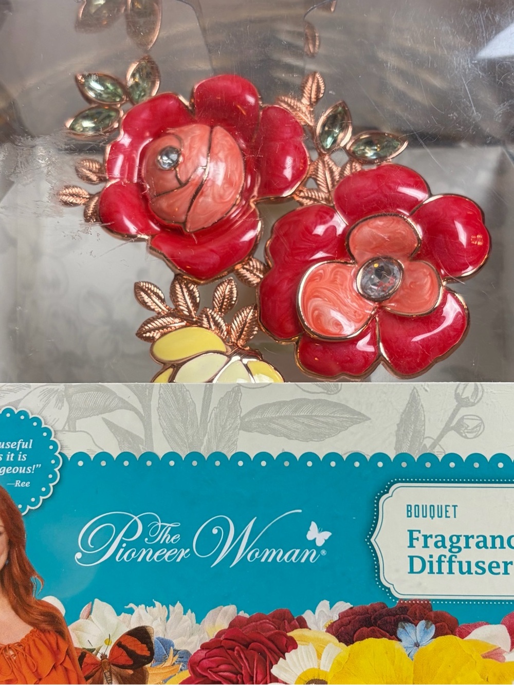 The Pioneer Woman Red Floral Brooch with Gold Leaves